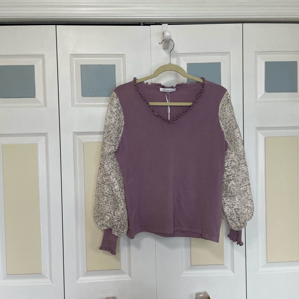 Sioni Milano Lilac Purple Gray Lace Long Sleeve Ribbed V-Neck Sweater Sz M